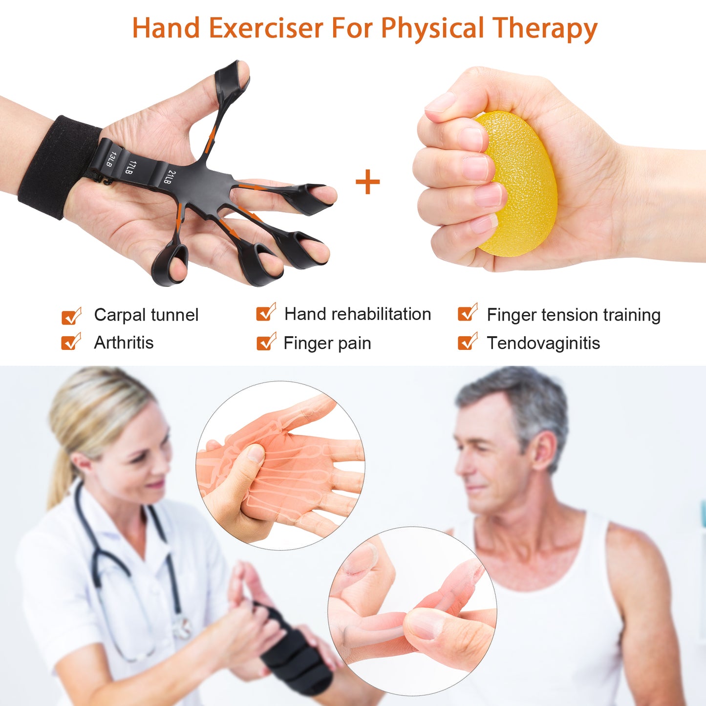 Finger Exerciser & Hand Exercise Balls - Physical Therapy Kit for Arthritis, Carpal Tunnel Pain Relief, Rehabilitation, Stress Relief